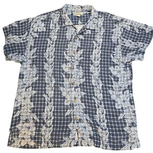 Vintage Tommy Bahama 100% Silk Hawaiian Camp Shirt Floral Plaid XL Blue